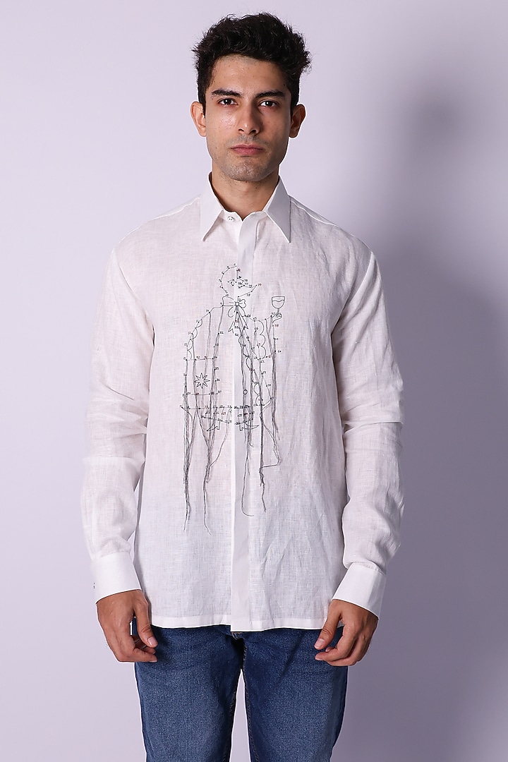 White Linen Hand Embroidered Party Wear Shirt by Arya Giri Men at Pernia's Pop Up Shop