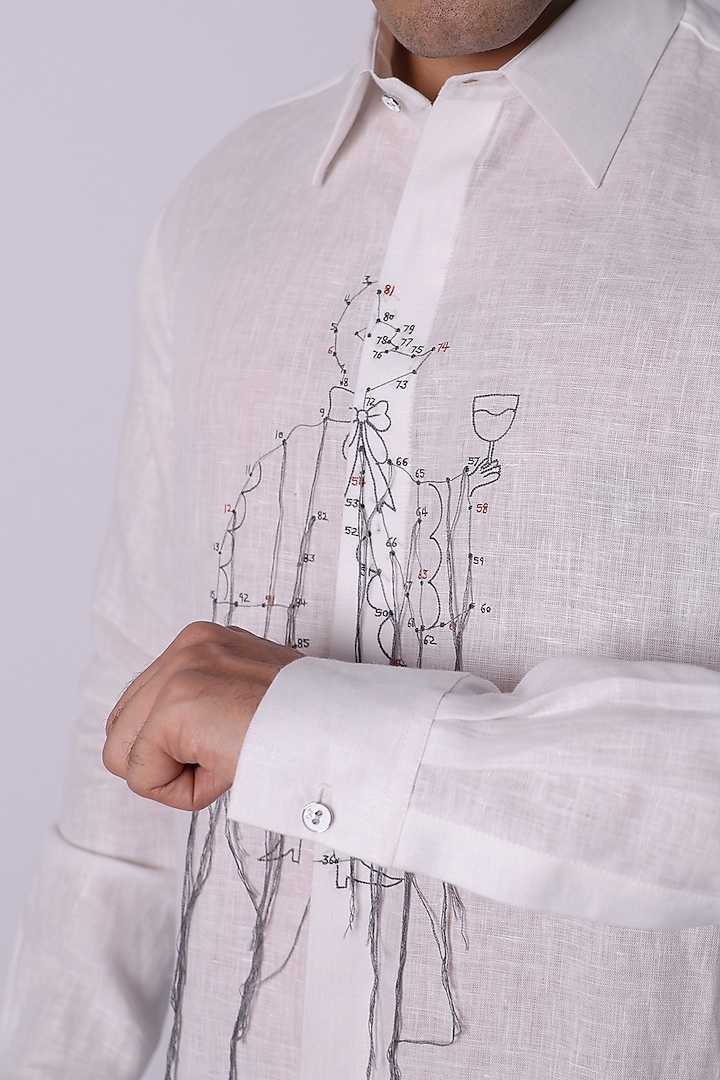 White Linen Hand Embroidered Party Wear Shirt by Arya Giri Men at Pernia's Pop Up Shop