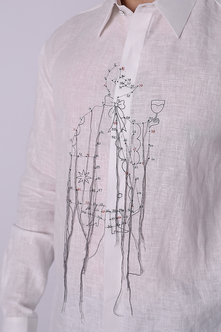 White Linen Hand Embroidered Party Wear Shirt by Arya Giri Men at Pernia's Pop Up Shop