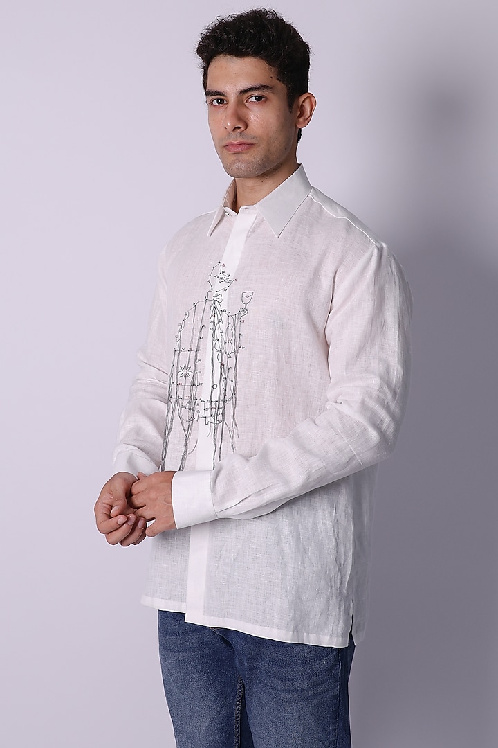 White Linen Hand Embroidered Party Wear Shirt by Arya Giri Men at Pernia's Pop Up Shop