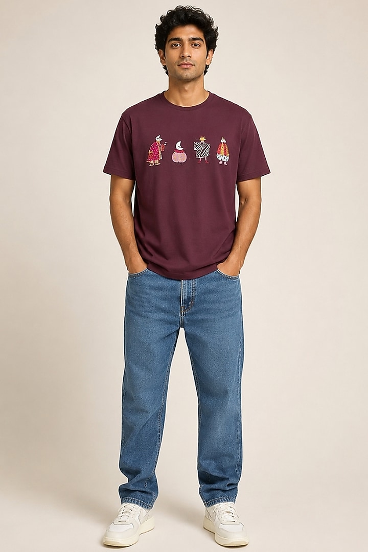 Brown Knit Fabric Hand Embroidered T-Shirt by Arya Giri Men at Pernia's Pop Up Shop