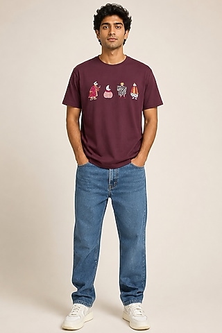 Brown Knit Fabric Hand Embroidered T-Shirt by Arya Giri Men