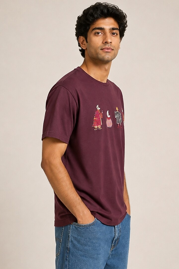 Brown Knit Fabric Hand Embroidered T-Shirt by Arya Giri Men at Pernia's Pop Up Shop