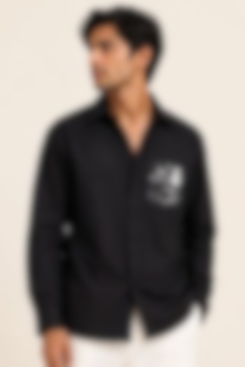 Black Linen Satin Hand Embroidered Party Wear Shirt by Arya Giri Men at Pernia's Pop Up Shop