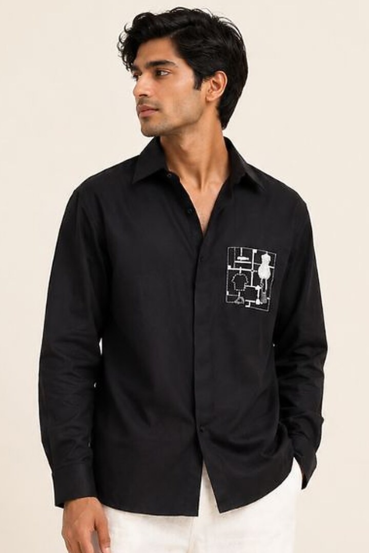 Black Linen Satin Hand Embroidered Party Wear Shirt by Arya Giri Men at Pernia's Pop Up Shop