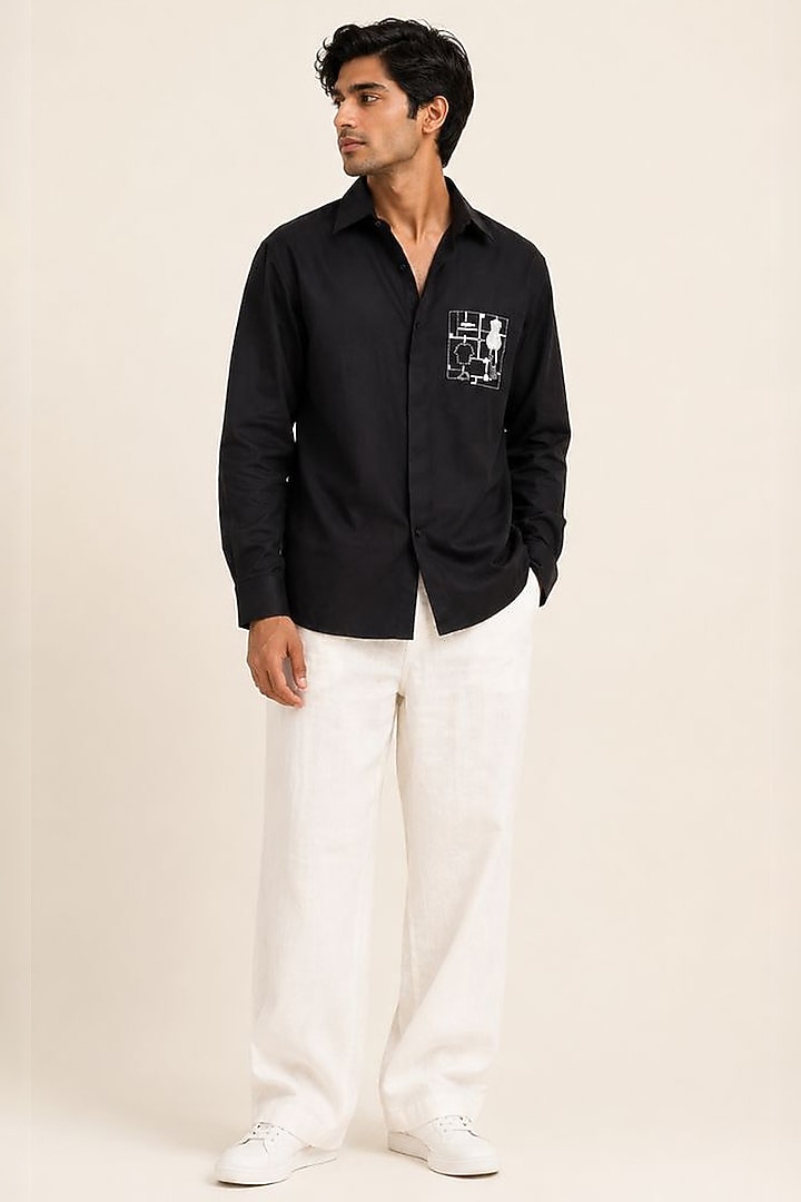 Black Linen Satin Hand Embroidered Party Wear Shirt by Arya Giri Men at Pernia's Pop Up Shop
