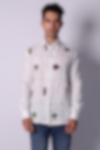 White Linen Hand Embroidered Wedding Shirt by Arya Giri Men at Pernia's Pop Up Shop