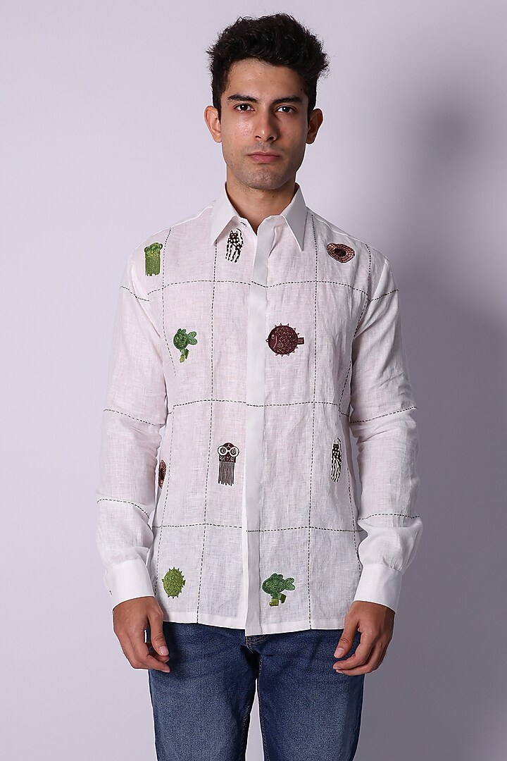 White Linen Hand Embroidered Wedding Shirt by Arya Giri Men at Pernia's Pop Up Shop