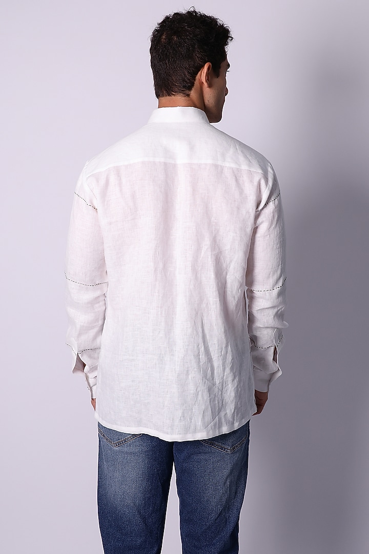 White Linen Hand Embroidered Wedding Shirt by Arya Giri Men at Pernia's Pop Up Shop