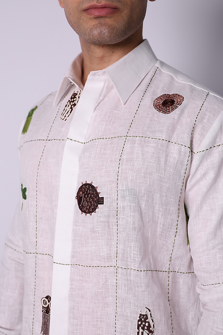 White Linen Hand Embroidered Wedding Shirt by Arya Giri Men at Pernia's Pop Up Shop