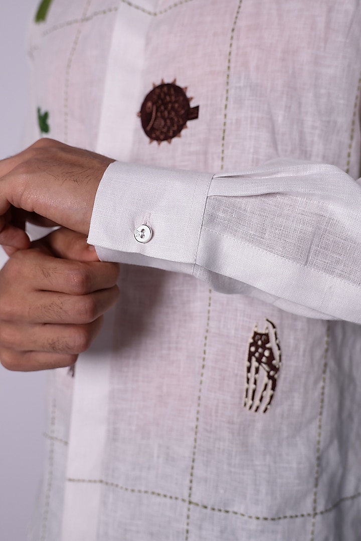 White Linen Hand Embroidered Wedding Shirt by Arya Giri Men at Pernia's Pop Up Shop