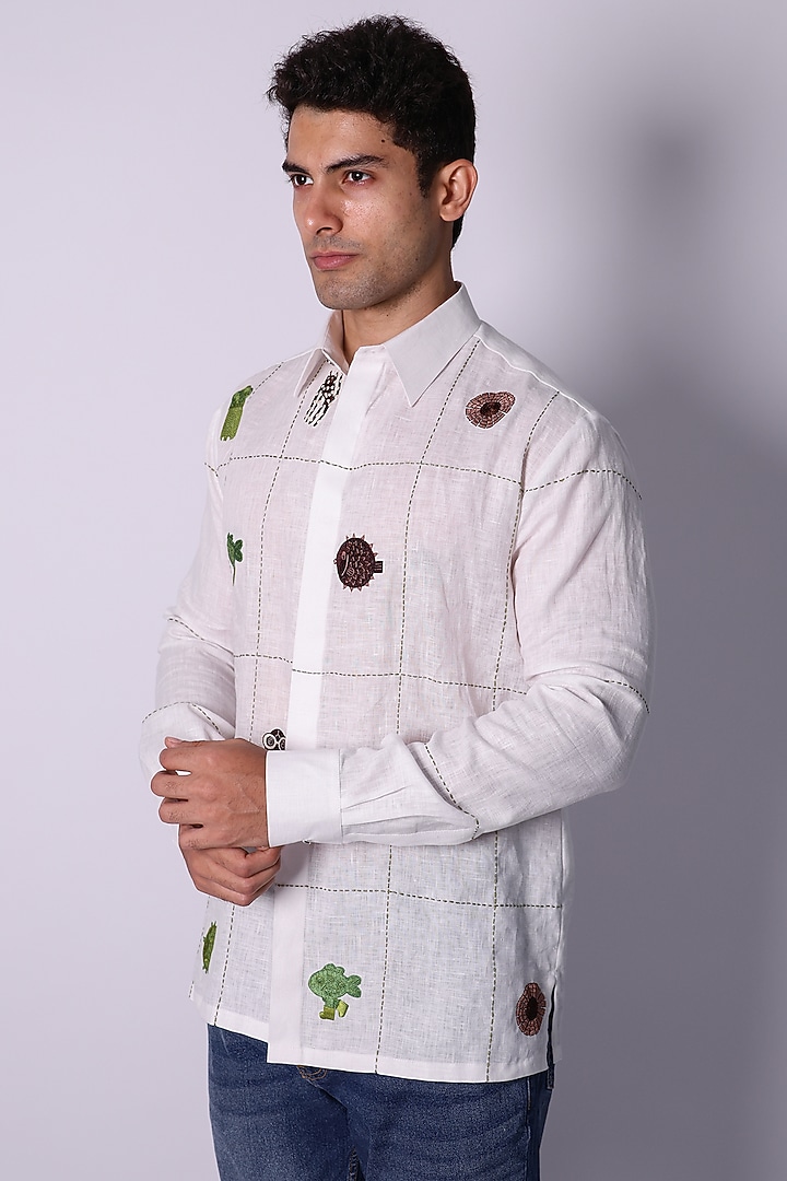 White Linen Hand Embroidered Wedding Shirt by Arya Giri Men at Pernia's Pop Up Shop