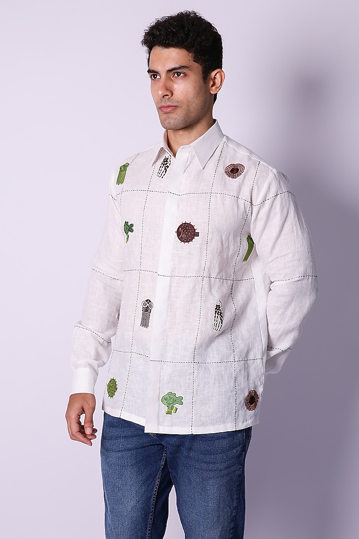 White Linen Hand Embroidered Wedding Shirt by Arya Giri Men at Pernia's Pop Up Shop