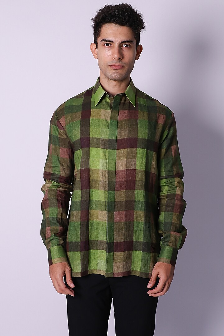 Green Linen Printed Party Wear Shirt by Arya Giri Men at Pernia's Pop Up Shop