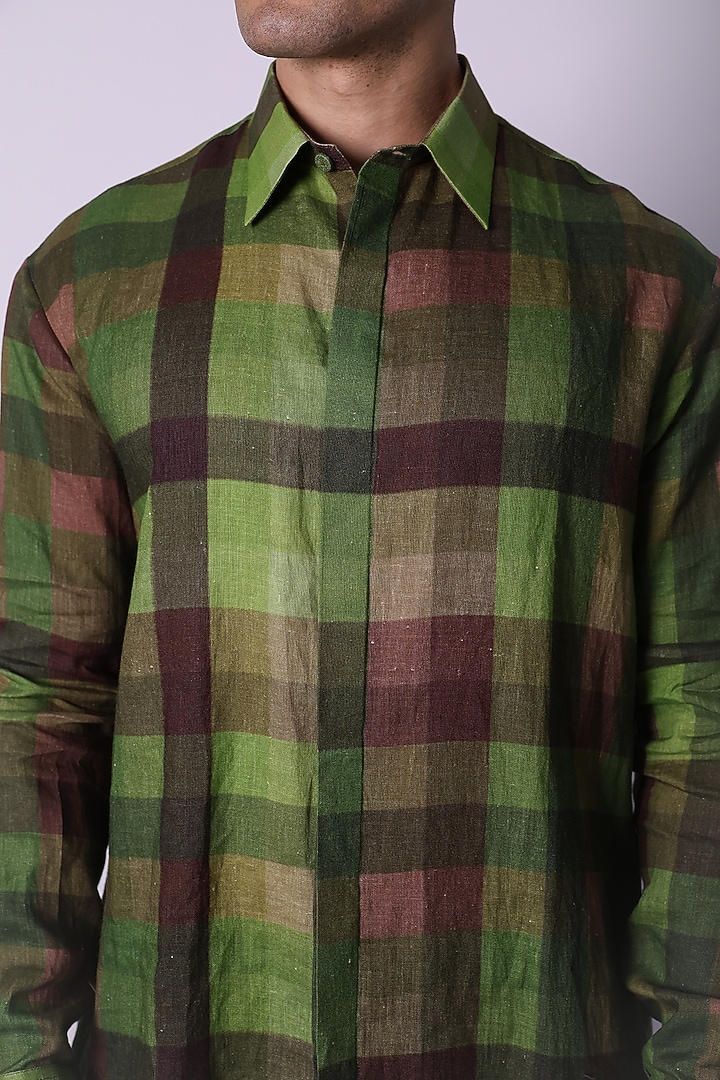 Green Linen Printed Party Wear Shirt by Arya Giri Men at Pernia's Pop Up Shop