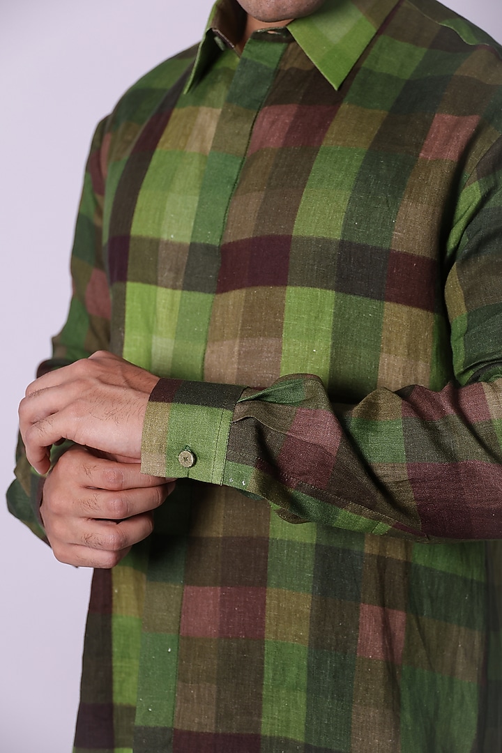 Green Linen Printed Party Wear Shirt by Arya Giri Men at Pernia's Pop Up Shop