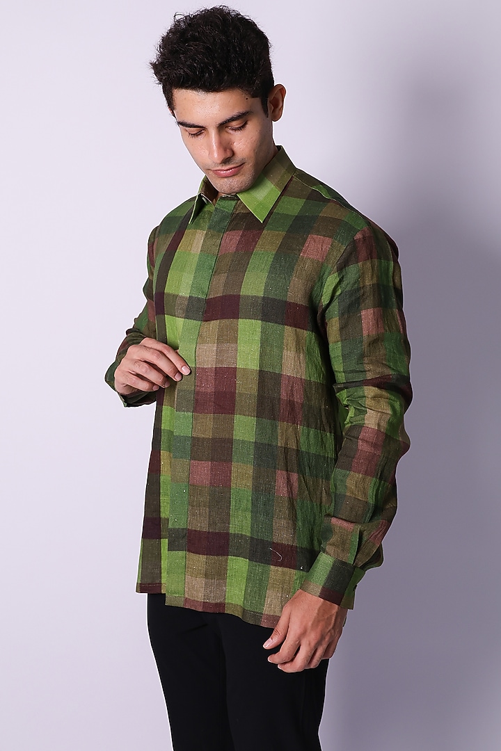 Green Linen Printed Party Wear Shirt by Arya Giri Men at Pernia's Pop Up Shop