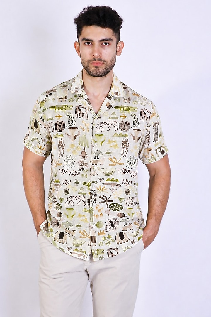 Ivory Linen Printed Party Wear Shirt by Arya Giri Men at Pernia's Pop Up Shop
