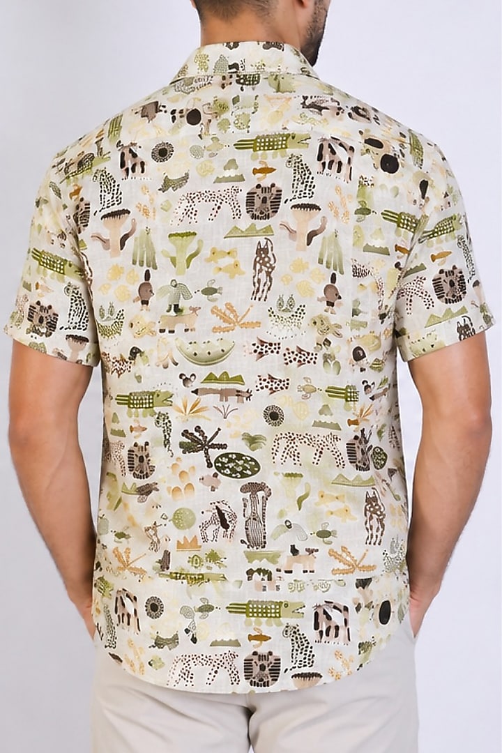 Ivory Linen Printed Party Wear Shirt by Arya Giri Men at Pernia's Pop Up Shop