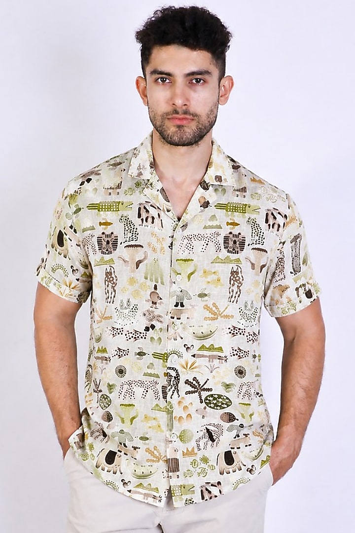 Ivory Linen Printed Party Wear Shirt by Arya Giri Men at Pernia's Pop Up Shop