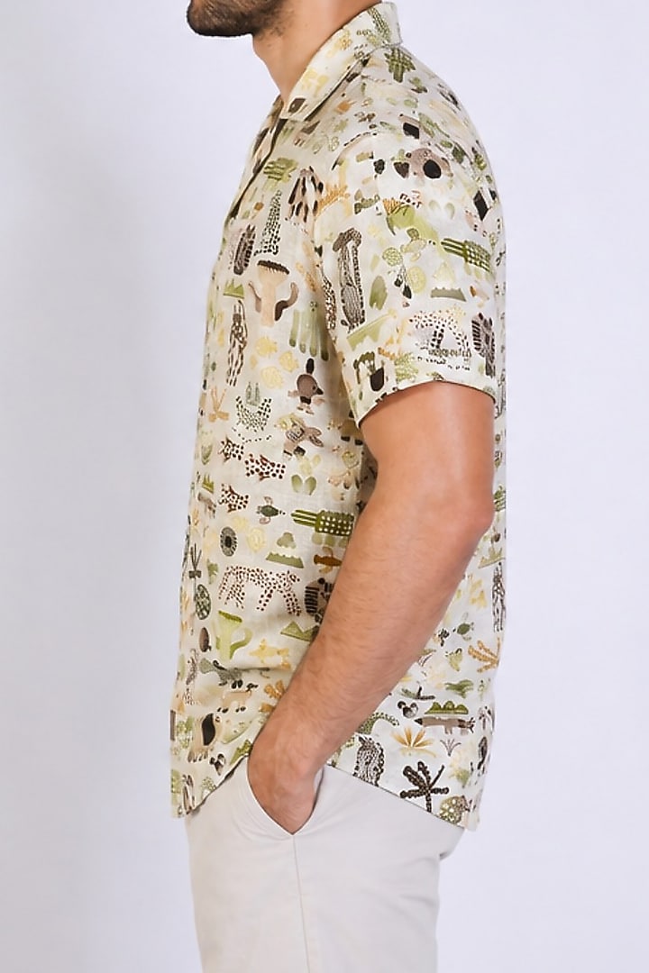 Ivory Linen Printed Party Wear Shirt by Arya Giri Men at Pernia's Pop Up Shop