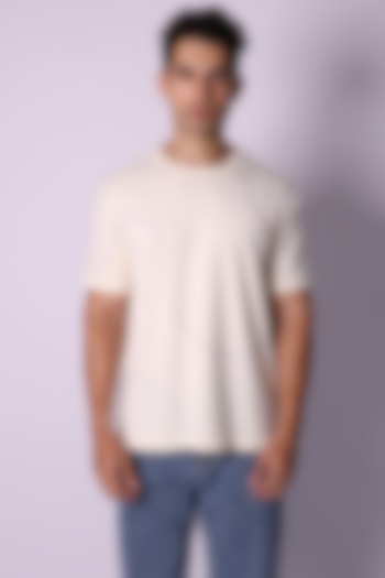 Ivory Knit Fabric Hand Embroidered T-Shirt by Arya Giri Men at Pernia's Pop Up Shop