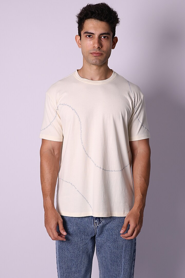 Ivory Knit Fabric Hand Embroidered T-Shirt by Arya Giri Men at Pernia's Pop Up Shop