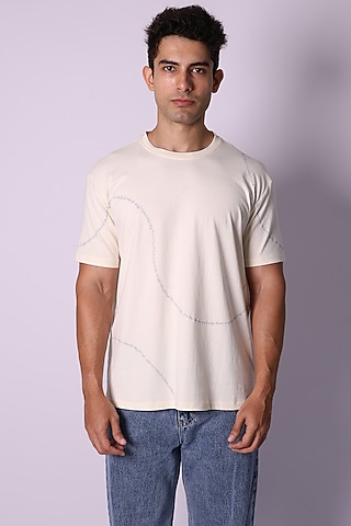 Ivory Knit Fabric Hand Embroidered T-Shirt by Arya Giri Men