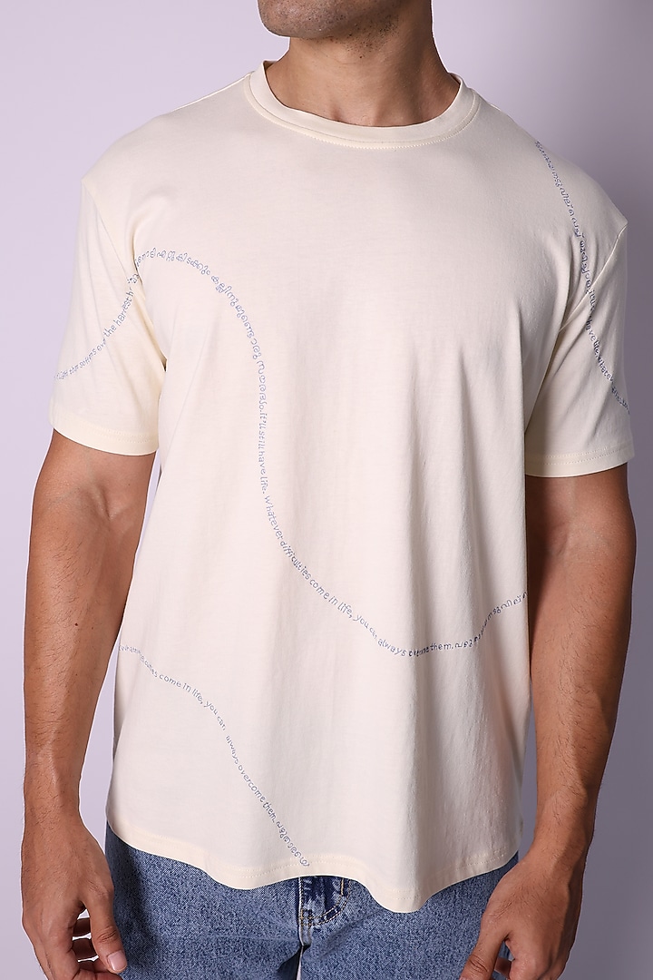 Ivory Knit Fabric Hand Embroidered T-Shirt by Arya Giri Men at Pernia's Pop Up Shop