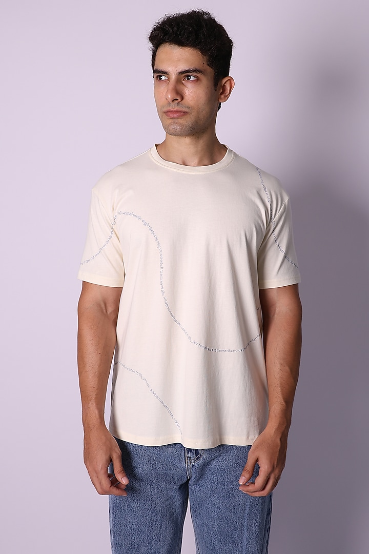 Ivory Knit Fabric Hand Embroidered T-Shirt by Arya Giri Men at Pernia's Pop Up Shop