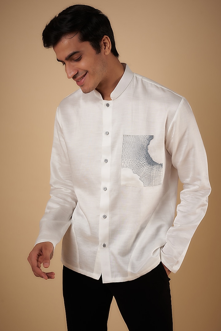 White Linen Satin Hand Embroidered Shirt by Arya Giri