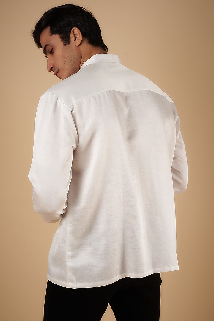 White Linen Satin Hand Embroidered Party Wear Shirt by Arya Giri Men at Pernia's Pop Up Shop