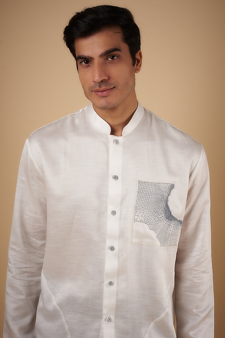 White Linen Satin Hand Embroidered Party Wear Shirt by Arya Giri Men at Pernia's Pop Up Shop