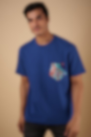 Blue Cotton Terry Applique Embroidered T-Shirt by Arya Giri