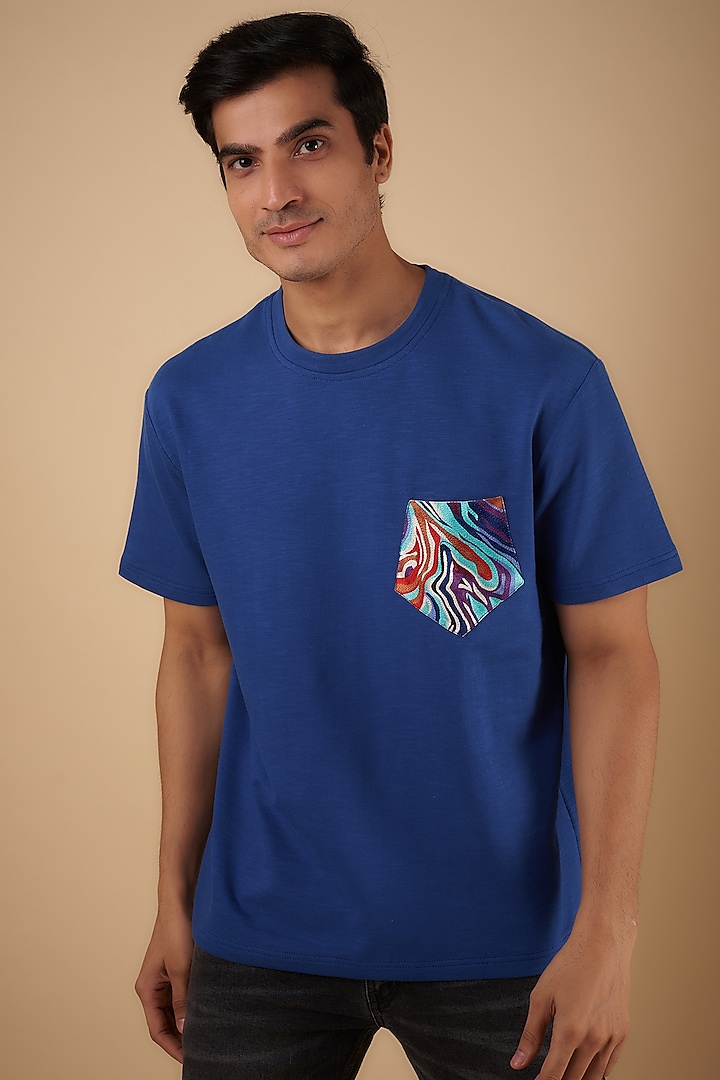 Blue Cotton Terry Applique Embroidered T-Shirt by Arya Giri