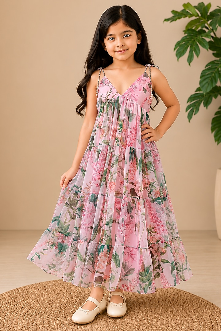 Pink Recycled Chiffon Floral Printed Tiered Maxi Dress For Girls by AROOP SHOP INDIA KIDS at Pernia's Pop Up Shop