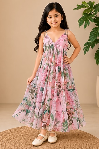 Pink Recycled Chiffon Floral Printed Tiered Maxi Dress For Girls by AROOP SHOP INDIA KIDS