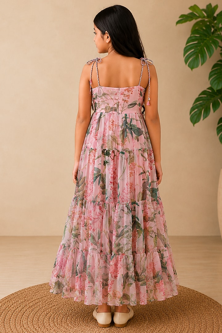 Pink Recycled Chiffon Floral Printed Tiered Maxi Dress For Girls by AROOP SHOP INDIA KIDS at Pernia's Pop Up Shop