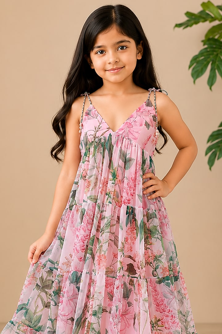 Pink Recycled Chiffon Floral Printed Tiered Maxi Dress For Girls by AROOP SHOP INDIA KIDS at Pernia's Pop Up Shop