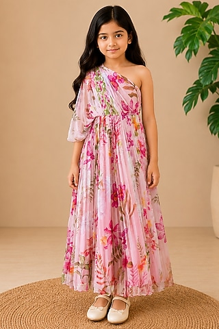 Pink Recycled Chiffon Floral Printed Maxi Dress For Girls by AROOP SHOP INDIA KIDS