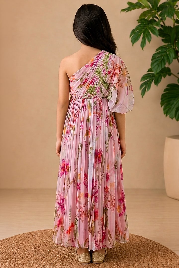 Pink Recycled Chiffon Floral Printed Maxi Dress For Girls by AROOP SHOP INDIA KIDS at Pernia's Pop Up Shop