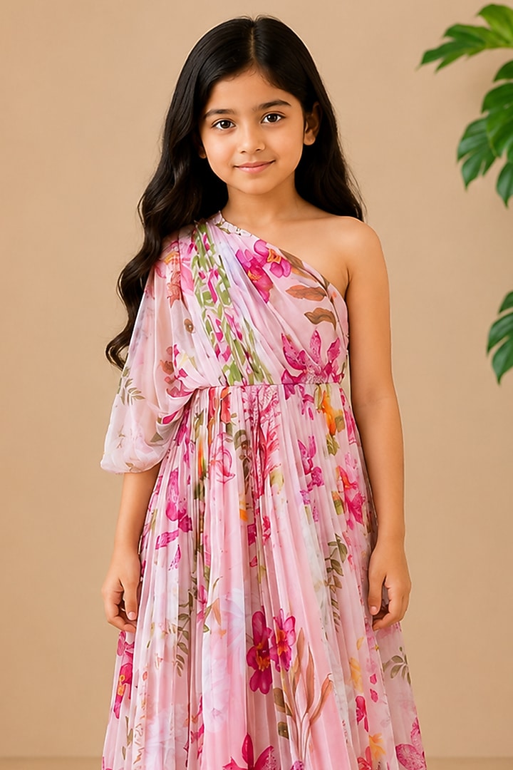 Pink Recycled Chiffon Floral Printed Maxi Dress For Girls by AROOP SHOP INDIA KIDS at Pernia's Pop Up Shop