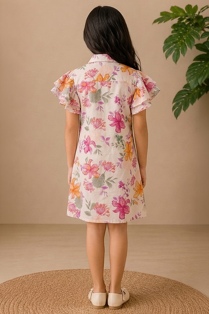 White Recycled Chiffon Floral Printed Ruffled Shirt Dress For Girls by AROOP SHOP INDIA KIDS at Pernia's Pop Up Shop