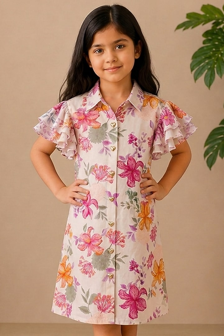 White Recycled Chiffon Floral Printed Ruffled Shirt Dress For Girls by AROOP SHOP INDIA KIDS at Pernia's Pop Up Shop