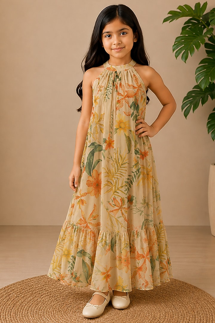 Yellow Recycled Chiffon Floral Printed A-Line Maxi Dress For Girls by AROOP SHOP INDIA KIDS at Pernia's Pop Up Shop