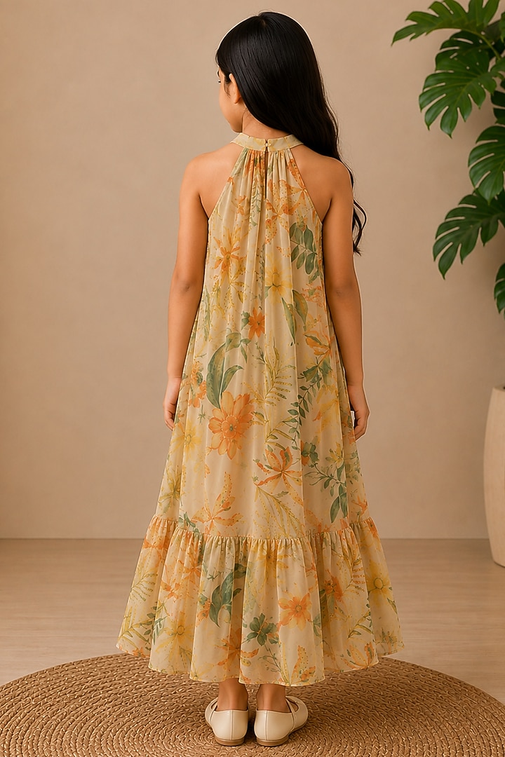 Yellow Recycled Chiffon Floral Printed A-Line Maxi Dress For Girls by AROOP SHOP INDIA KIDS at Pernia's Pop Up Shop