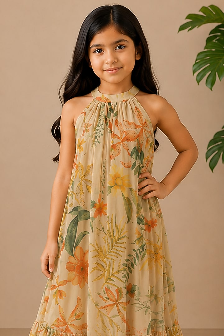 Yellow Recycled Chiffon Floral Printed A-Line Maxi Dress For Girls by AROOP SHOP INDIA KIDS at Pernia's Pop Up Shop
