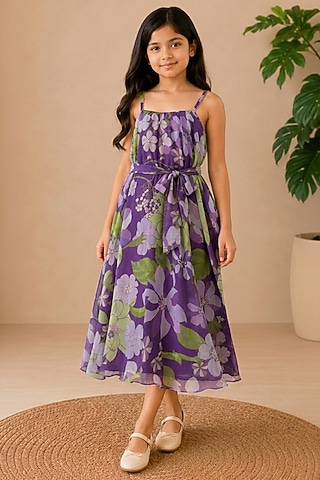 Purple Recycled Chiffon Floral Printed Midi Dress For Girls by AROOP SHOP INDIA KIDS