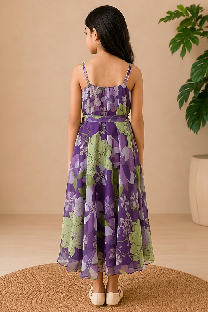 Purple Recycled Chiffon Floral Printed Midi Dress For Girls by AROOP SHOP INDIA KIDS at Pernia's Pop Up Shop