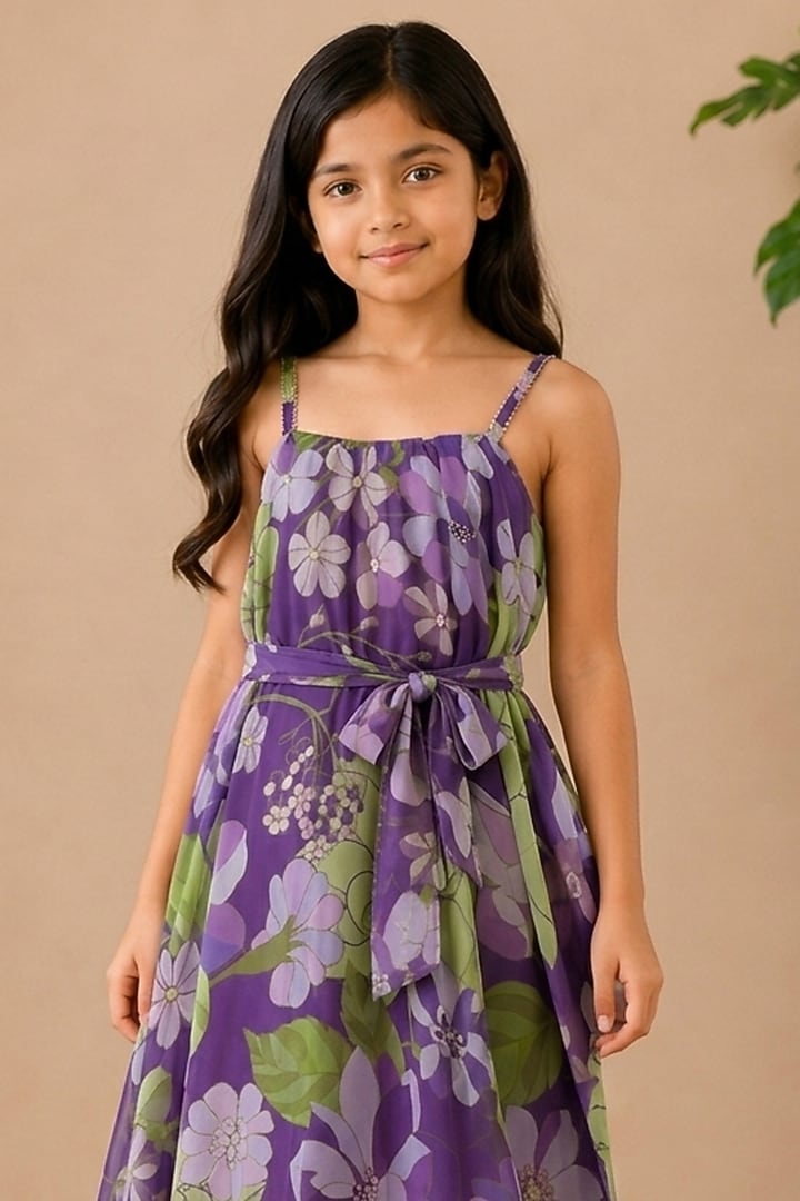 Purple Recycled Chiffon Floral Printed Midi Dress For Girls by AROOP SHOP INDIA KIDS at Pernia's Pop Up Shop